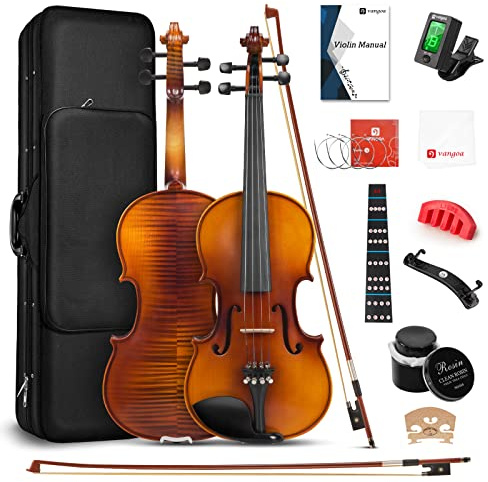 Violine 4/4 Full Size Set, Fiddle Massivholz für professionelle fortgeschrittene Anfänger, Erwachsene, Teenager, Studenten, akustisches Violinen-Set mit Ebenholzbeschlägen, Hartschalenkoffer, 2