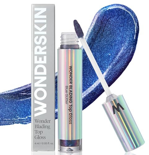 Wonderskin Lip Gloss - Wonderskin Blading Top Gloss, Hydrating and High Shine Finish Lip Makeup (Blue Glitter)