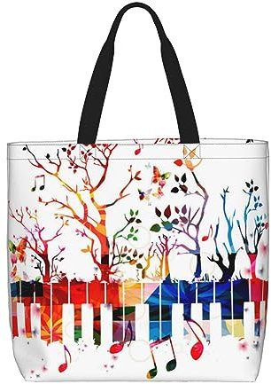 LAMAME Colorful Piano Keyboard Music Note printed shoulder bag leisure tote bag large capacity shopping bag handheld storage bag