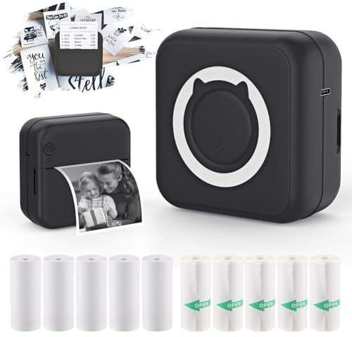 HUIJUTCHEN Mini Stampante Fotografica, Mini Stampante Termica Portatile Stampante Fotografica Istantanea Bluetooth con 10 Rotoli di Carta Termica e Ricarica USB Stampante per Note/Diario/Memo (Nero)