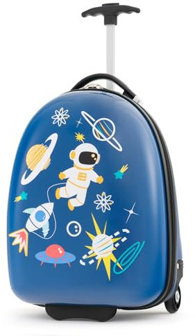 COSTWAY 16 Kinderkoffer, Kindertrolley mit 2-stufigem Teleskopgriff, Kinder Handgepäck Reisegepäck Hartschalenkoffer für Jungen & Mädchen (Astronauten, 16)