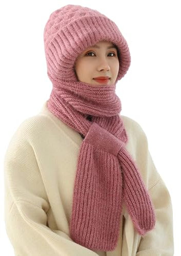 2024 – Frauen solide integrierte Ohrmuschel Winddicht Hut Schal mit Kapuze Schal Winter 2 in 1 Strickschal Hijab Hut aus Seide, Rosa, One size