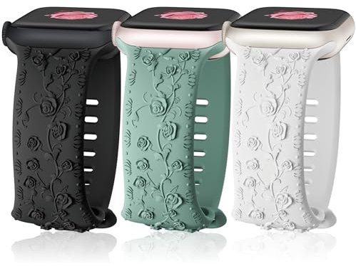 3 Piezas Correas Floral Grabado para Apple Watch 40mm 38mm 41mm Mujeres,Soft Silicona Correa Elegante Rosa Patrón Reemplazo Pulsera para iWatch Se serie 9 8 7 6 5 4 3 2 1