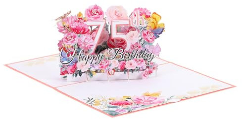 PATIKIL Geburtstagskarte zum 75. Geburtstag Pop-Out Grußkarten Happy Birthday 3D Blumenstrauß Schmetterlinge Grußkarte und Umschlag für Frauen Mütter Männer Freundin Geschenk-Karte Rosa