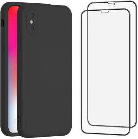Amzpas Coque pour iPhone X/XS avec 2 Verre Trempé écran Protecteur, Coque en Silicone de Protection Antichoc pour iPhone X/XS, Noir