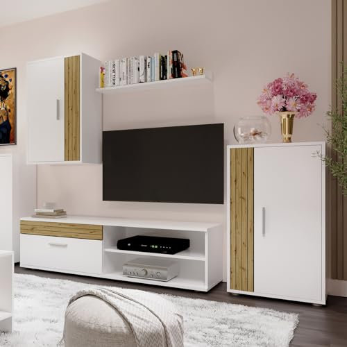Homely - Mueble de Salón Modular Ibiza White | Conjunto 4 Muebles | Muebles Salón Completo | Mueble para Televisión + Mueble Bajo + Mueble Alto + Estantería Alta | Color Blanco Y Madera