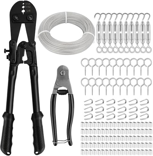 TooTaci 3mm Wire Rope Crimping Tool & Cutter with Complete Wire Systems | 3mm Steel Wire Cable Kit, 60M/3mm PVC Coated Steel Cable & Turnbuckle Kit for Garden/Fence Kit/Hanging/Sun Shade