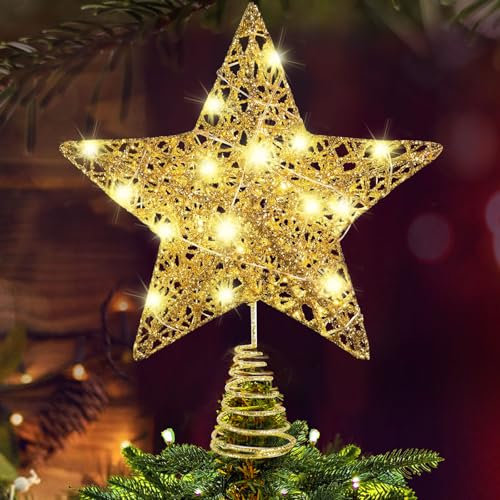 Weihnachtsbaum Spitze,Gold Christbaumspitze Weihnachten Topper Stern Weihnachtsbaumspitzen Stern Tannenbaum Spitze Baumspitze Stern LED Lichterkette Beleuchteter Stern-Baumschmuck Weihnachten Deko