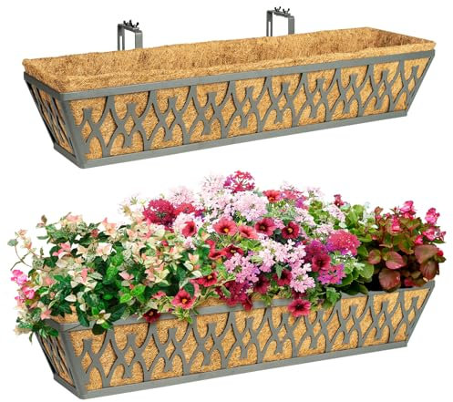 Blumenkästen mit verstellbaren Halterungen für Veranda, Zaun, Terrasse, Balkon, hängende Blumenkörbe mit Kokoseinlagen, für Außenbereich, Gartendekoration, Dunkelgrau, 76,2 cm, 2 Stück