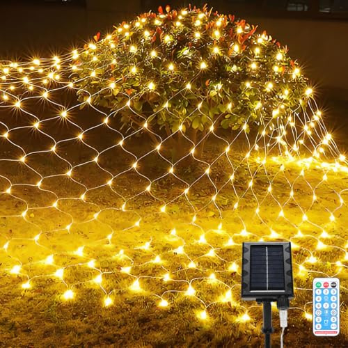 Eulenke lichternetz solar 1,5x1,5m, 120 LEDs Warmweiß Energieeinsparung lichternetz mit Fernbedienung, Helligkeit einstellbar, 8 Modi + Memory-Funktion, IP44, Lichtempfindlich Kontrolle