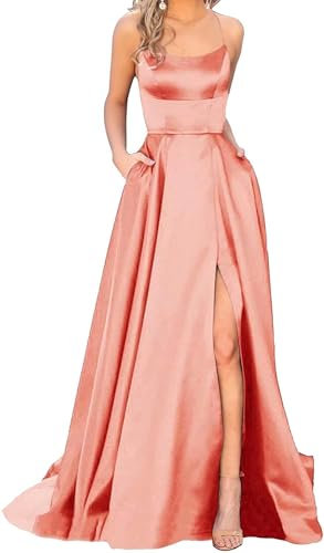 Générique Robes De Bal à Bretelles Spaghetti pour Femmes Robes De Demoiselle D’Honneur Longues en Satin avec Fente Robes De SoiréE Formelles Rose Gold S