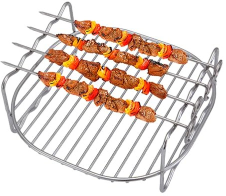 Support de Friteuse à Air en Acier Inoxydable, 19 cm Grille de Friteuse à Air Double Couche avec Broche, Accessoires de Friteuse à Air, Grille de Cuisson Air Fryer, Support de Cuisson à Vapeur