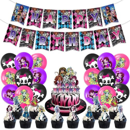 Monsters H Birthday Party Supplies 38PCS Monster school Decorations Include Happy Birthday Banner, Cake Toppers, Balloons Cupcake Toppers for Kids Fans Monster H Party Decor