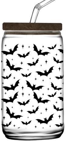 16oz Fantasy Can Glass Cup with Lid and Straw - Perfect for Coffee, Tea, Cold Drink | Unique Gift (Bats)