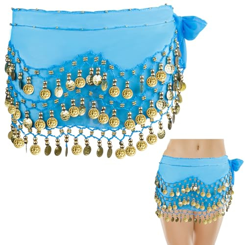 Bauchtanz Hüfttuch, Bauchtanz Kostüm Damen mit 128 Gold Münzen, Chiffon Tanztuch Bauchtanz Gürtel Rock, Yoga Belly Dance Costume