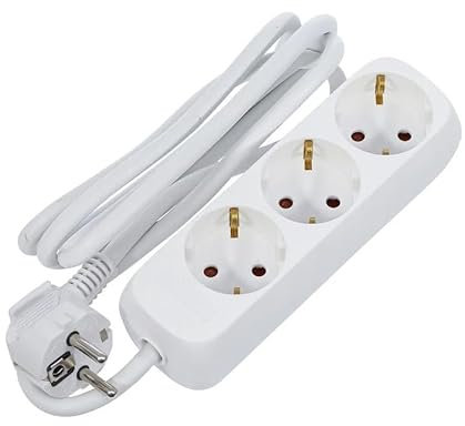Regleta de 3 vías Blanca, 1,5 m de Longitud, Cable 3G, 1,0 mm², Ideal para Ampliar Conexiones eléctricas en el hogar o la Oficina.
