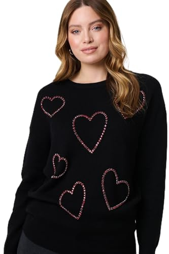 Izabel London Heart Embellished Long Sleeve Jumper for Women UK with a Round Neck, Made from a Viscose Blend. Black