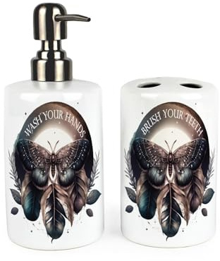 Gothic Moth Bathroom Accessories - Dark Decor Refillable Ceramic Handwash Soap Pump Bottle Dispenser & Toothbrush Holder - Washrooom Home Gift Set of 2