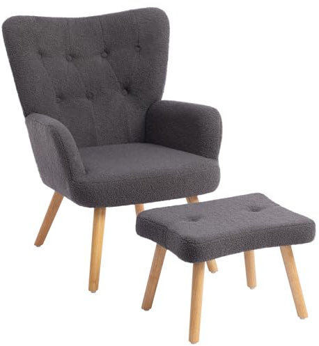HollyHOME Ohrensessel mit Hocker Teddy Sessel mit Hocker Sessel Wohnzimmer Relaxsessel Schlafzimmer Lesesessel Loungesessel, Grau