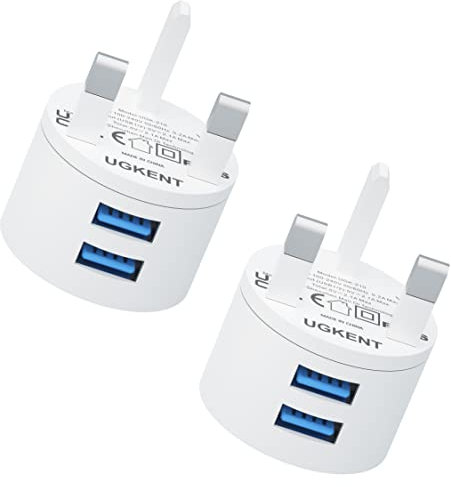USB Plug,2 Pack Dual USB Plug Adapter UK Phone Charger Mains Charge Double Port Twin Wall Plugs with Smart IC 5V 2AMP Charging for iPhone 16 15 14 13 12 11 10 XS XR X 8 7 6,iPad Pro,Mobile ect