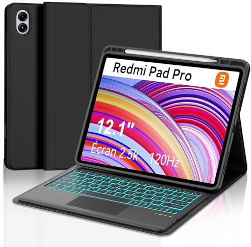 SENGBIRCH Custodia Tastiera per Redmi Pad Pro 12,1, Xiaomi Pad POCO 12.1 Pollici 2024, con Trackpad, 7 Colori Retroilluminati Tastiera Bluetooth Magnetica Staccabile, Italiana QWERTY, Nero