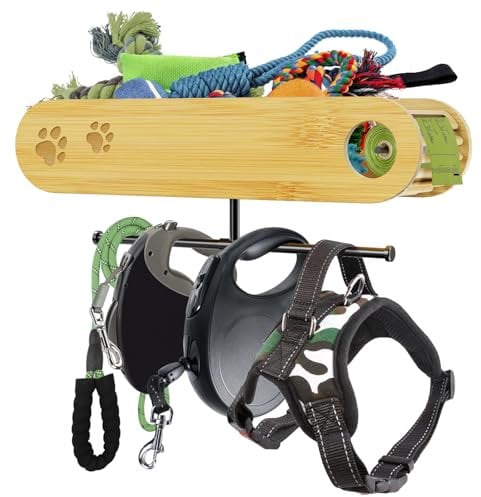 TABKSOLA Hundegarderobe, Wandhalterung für Hundeleinen mit Hundekotbeutelspender, Bambus Hundegarderobe mit Ablage für Hundeleinen und Anderes Zubehör.