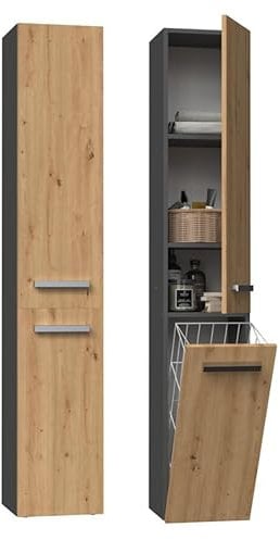 BDW - Armoire de Salle de Bain coulissante - Grande Armoire de Salle de Bain avec Panier à Linge 174 x 31 x 30 cm - Choix du côté d'ouverture de la Porte - Anthracite/Chêne Artisan