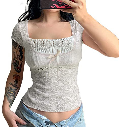 Y2K Fairy Grunge Crop Top for Women Lace Patchwork Square Neck Short Sleeve T-Shirt Vintage E-Girls Top Tees (White, S)