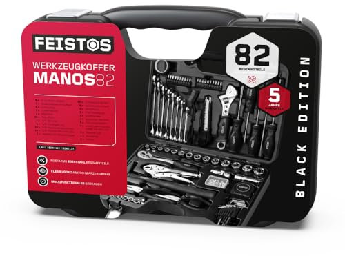 FEISTOS Werkzeugkoffer Manos 82 | Bestückt mit 82 hochwertigen Werkzeugen | Robuster Kunststoffkoffer | Ergonomischer Griff | Ideal für den mobilen Einsatz | Werkzeuge aus hochwertigem Stahl