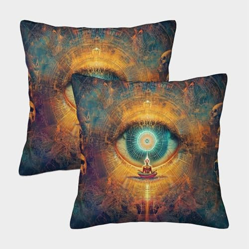 KWPGMDRY Auge der Heiligen Geometrie Kissenbezug 40x40cm 2er-Pack Outdoor-Kissen Dekorativer Kissenbezug Meditative Human Figure Totenkopf Kissenbezug Eignet Sich Für Sofa- Und Wohnzimmer-Dekokissen