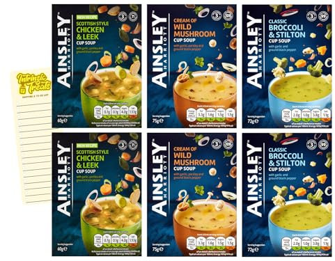 Instant Cup Soup Bundle with Chicken & Leek 60g x2, Mushrooms 75g x2, Broccoli & Stilton 72g x2 and Intrinsic Treats Shopping List Card (Total of 18 Sachets)
