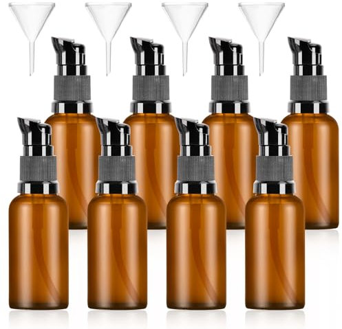 8 Pcs 30 ML Flacon Pompe Vide en Verre Marron, Flacons à Pompe en Verre Ambré Vides Rechargeables, Bouteilles Distributeur de Lotion avec Pompe pour Lotions Crème Cosmétiques, avec 4 Entonnoirs