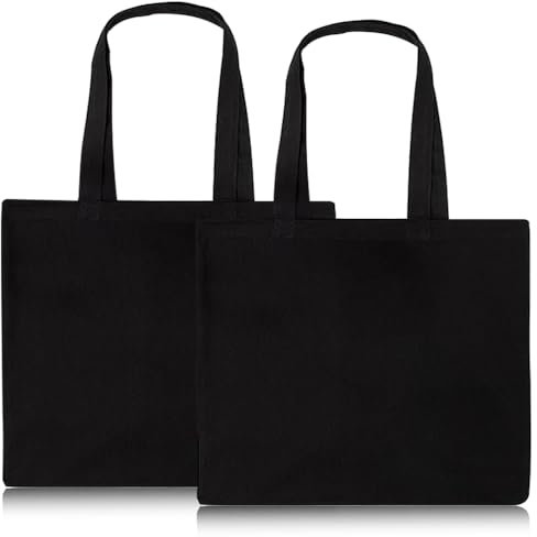 KUIZHEN Bolsa de algodón, 2 bolsas reutilizables grandes de lona con asa, bolsas de algodón en blanco para compras y viajes, 45 x 35 cm, color negro, Black, 45 x 35 x 8cm