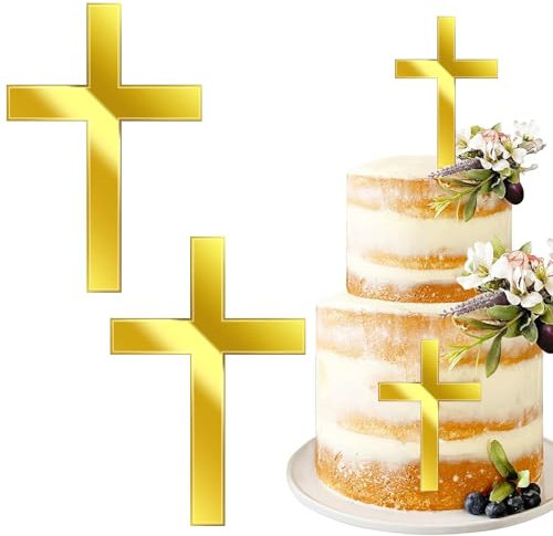 2 Stück Tortenaufleger Kommunion Taufe Tortendeko Kreuz Für Cake Topper Wiederverwendbar Tischdeko Konfirmation Kommunion DekoGeeignet für Hochzeiten, Erstkommunionen, Babypartys（Gold)