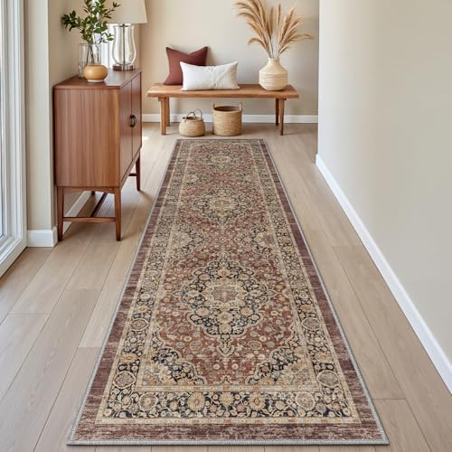 DEXI Läufer Flur 60 x 210 cm, Waschbar und rutschfest, Rostrot | Dünne Vintage‑Stil Läufer Teppich, Schmutz & Wasser Teppichläufer für Flur, Hauseingänge, Küche, Waschküche