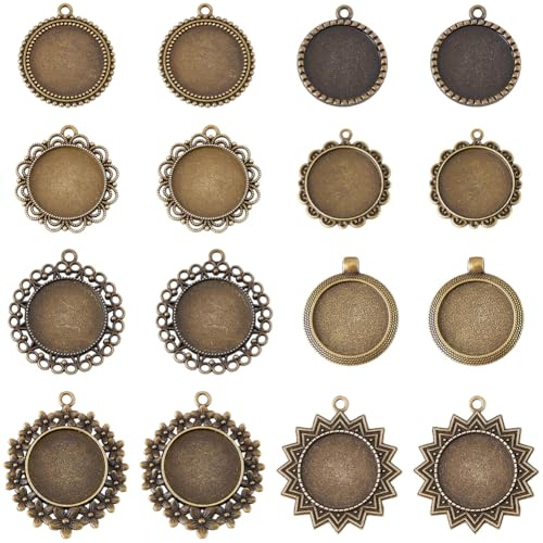 SUNYYCLUE 1 Schachtel 16 Stück Bronze Lünetten Anhängerrohlinge Antike 25mm Runde Cabochon Fassungen Lünettenrahmen Metall Cameo Charms Für DIY Foto Brautstrauß Abschlussarbeiten