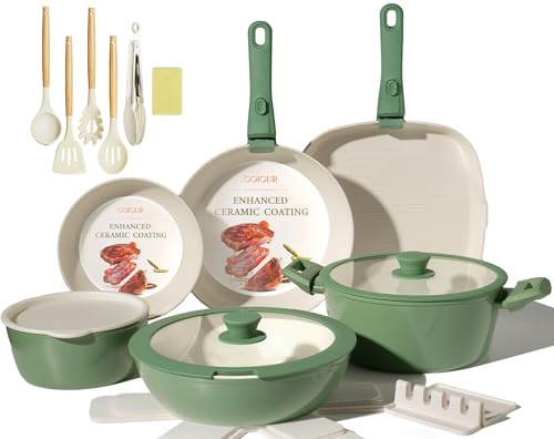 COICUR Set de Poêles et Casseroles 23 pièces Poignée amovible, batterie de cuisine antiadhésive en céramique non toxique, sans PFOA, compatible avec induction/gaz, lavable au lave-vaisselle, Vert