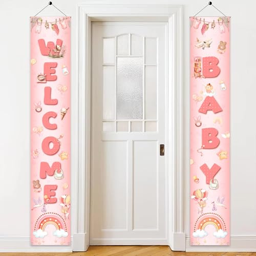 Tasoraor Welcome Baby Banner Rosa - 2 Stück Babyparty Dekoration Türbanners (180 X 30cm), Stoff Hanging Door Banner Deko für Girl Baby Shower Gender Reveal Inside Outside