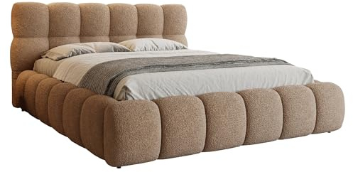 FurniDe24 Polsterbett Ted mit Bettkasten, Doppelbett mit Kopfteil, Metall-Lattenrost & Gasdruckfedern, Bouclé-Stoff, Bettgestell, Modernes Bett für Schlafzimmer - dunkelbeige (Quelle 18, 160 x 200 cm)
