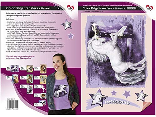 Ideen mit Herz Color Bügeltransfers, DIN A4 | Textilien wie T-Shirts & Taschen mit Bügelmotiven verzieren | Transfer-Bilder schnell & einfach aufbügeln | DIY Textildesign (Unicorn Einhorn)