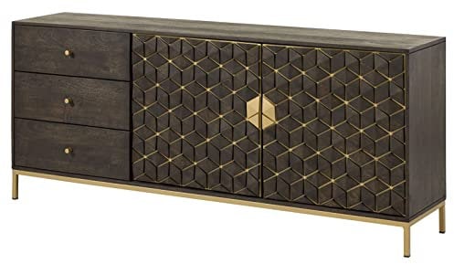 MASSIVMOEBEL24.DE Diamond Kommode aus massivem Mango, Sideboard grau geöltes Massivholz, Push-to-Open Mechanik für 2 Türen, 3 Schubladen mit Knopfgriffen, goldene Akzente aus Eisen