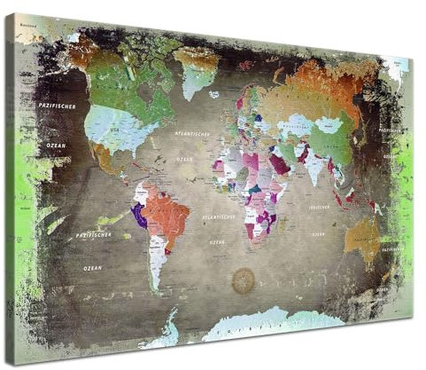Stilvolle Pinnwand Weltkarte - Bunt Dark - Deutsch in 120 x 80 cm, stabile Rückwand zum Pinnen inkl. Starterkit - Leinwand-Kunstdruck Wandbild Landkarte XXL