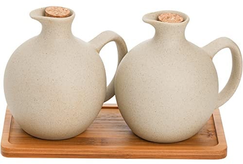 Elsjoy 2er Set Keramik Öl Essig Spender mit Korken und Tablett, 425.2 g Tisch-Ölflaschen Sojasauce Glas, dekorativer Olivenöl-Steinguthalter Essigbehälter für Küche