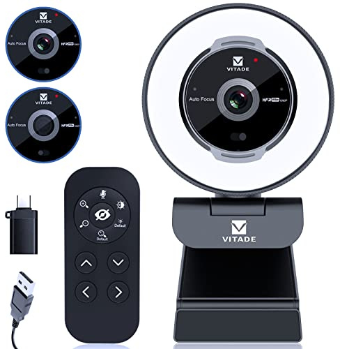 VITADE Streaming Webcam with Ring Light, Zoomable Web Camera with Remote Controls, 1080P 61FPS, Fast AutoFocus, Built-in Privacy Cover, Noise Reduction Mics, for PC Mac Laptop Desktop Zoom Skype Teams
