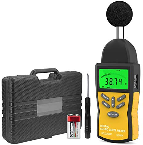 GOLDCHAMP Decibel Meter, Sound Level Meter 882A Portable 30-130dB Sound Tester with 5 Digits LCD Display dBA/DBC Noise Tester, AC/DC Output, Fast/Slow Selection for Sound Quality Control,Yellow