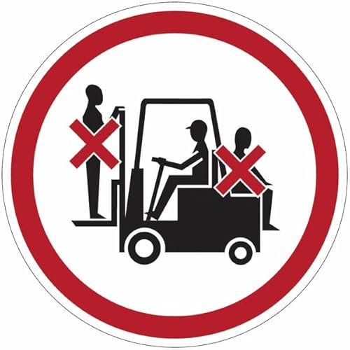 CARTELLO SEGNALETICO ROTONDO ISO 7010 - Vietato trasportare e sollevare persone sui carrelli elevatori (ADESIVO 30 CM)
