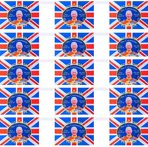 King Charles III Coronation Bunting Street Party Flags 12ft 8 Flags 8x5 Fabric Banner Wall Window Decoration Union Jack