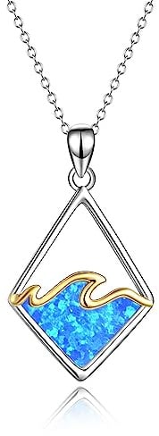 JERWLI Sterling Silber Ozeanwelle Halskette Mondstein Blauer Opal Wellenanhänger Ozeanschmuck Strandgeschenke für Frauen Mädchen
