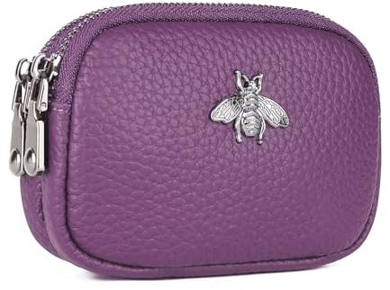 MAVHVAM Mini monedero de piel auténtica para mujer con doble cremallera, compacto y elegante, Purple, Minimalista