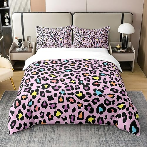 Homewish Rosa Gepard 100 % Bio-Baumwolle Bettbezug, Leopardenmuster, Bettwäsche-Set für Mädchen und Frauen, buntes Tierdruck, Bettdeckenbezug für Einzelbett, Safari-Tiermuster, Bettwäsche-Set mit 1